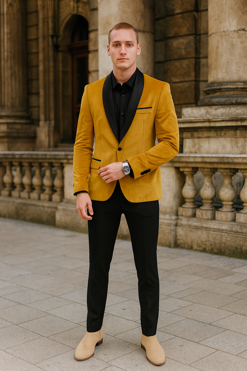 Mustard gold velvet tuxedo jacket with black shawl collar and trim. Fitted silhouette, single-button closure, and two front pockets. Soft, plush texture.