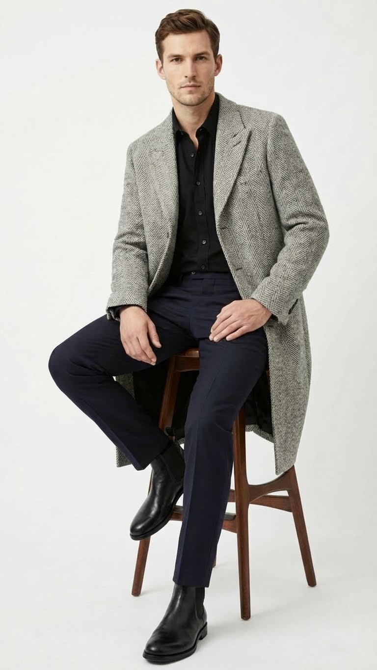 Men's grey herringbone long overcoat. Classic shape, textured wool. Features notched lapels, single-button closure, and side pockets. Streamlined silhouette, extending below the hips.