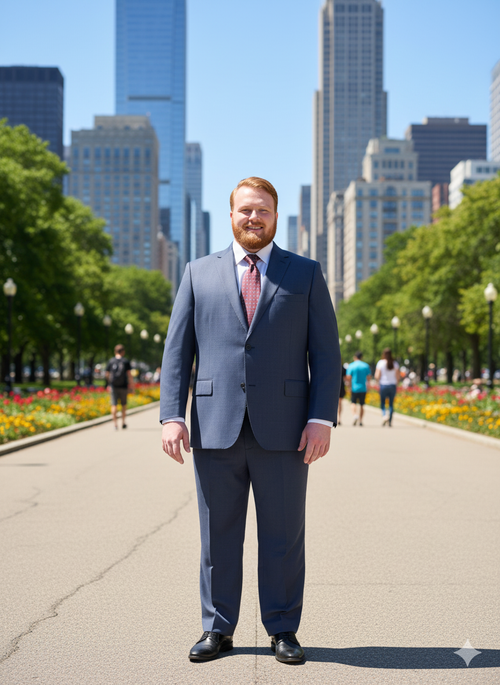 Mix And Match Suits Men's Heather Blue Two Button Portly Fully Lined Suit Executive Fit Suit - Mens Portly Suit