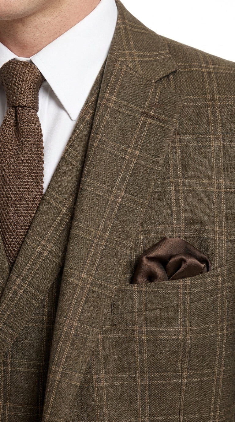 Men’s 1930s Brown Plaid 3 Piece Suit, Vintage Formal Wedding Business Dress Suit Set