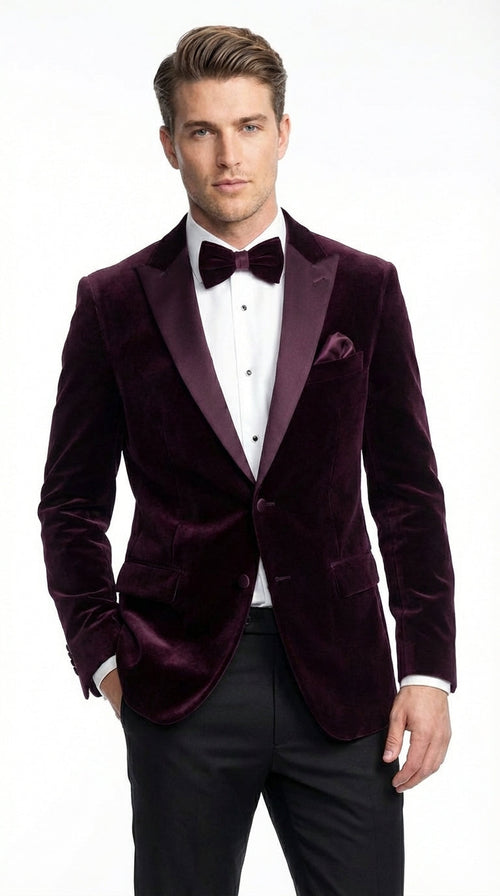 Mens Plum Eggplant Velvet Blazer Jacket – Luxury Velvet Dinner Jacket for Wedding, Tuxedo Events, Formal Parties in Burgundy Color