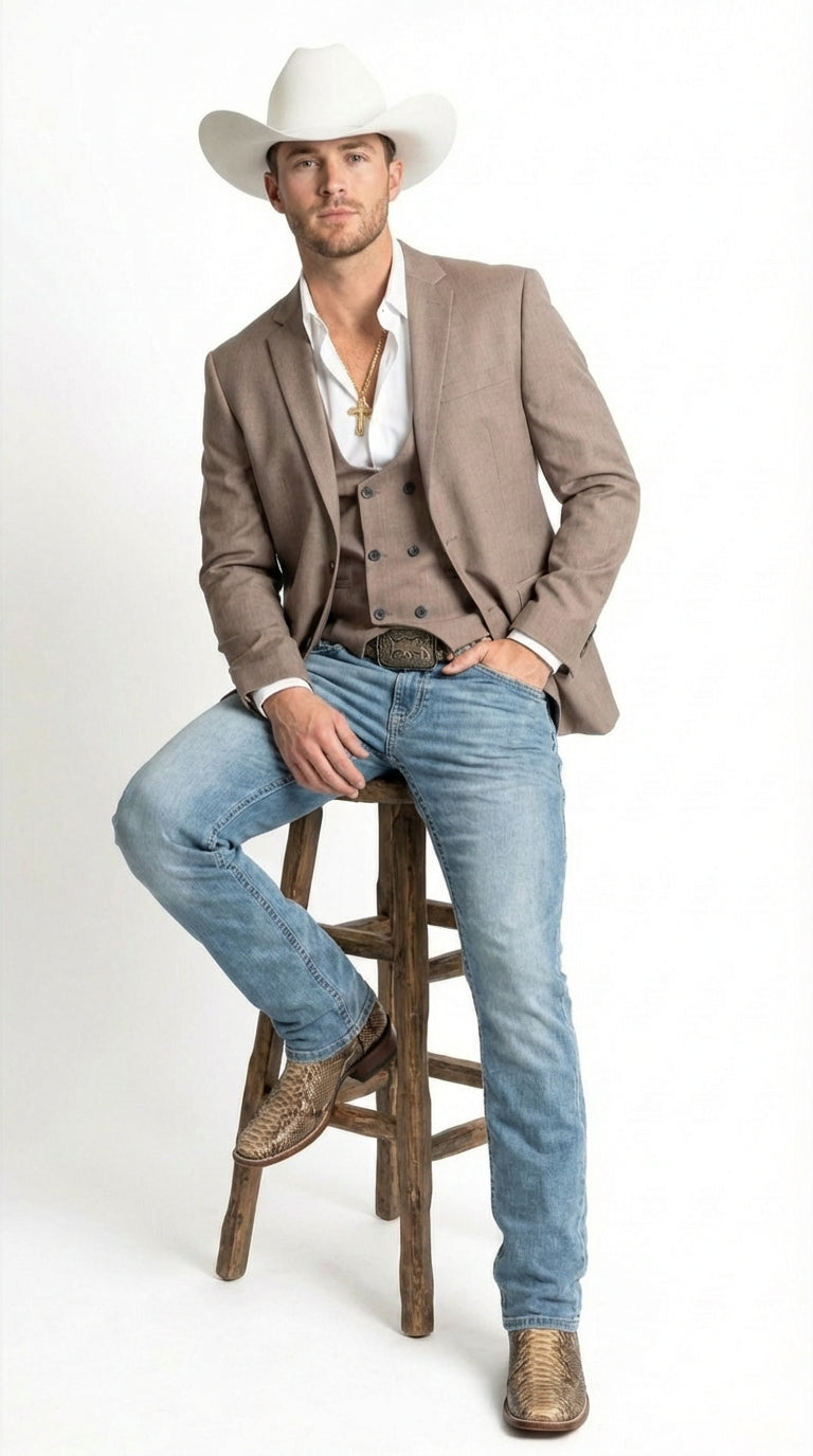Men’s Beige Cowboy Blazer with Double breasted Vest – Western Two Piece Suit Pants included