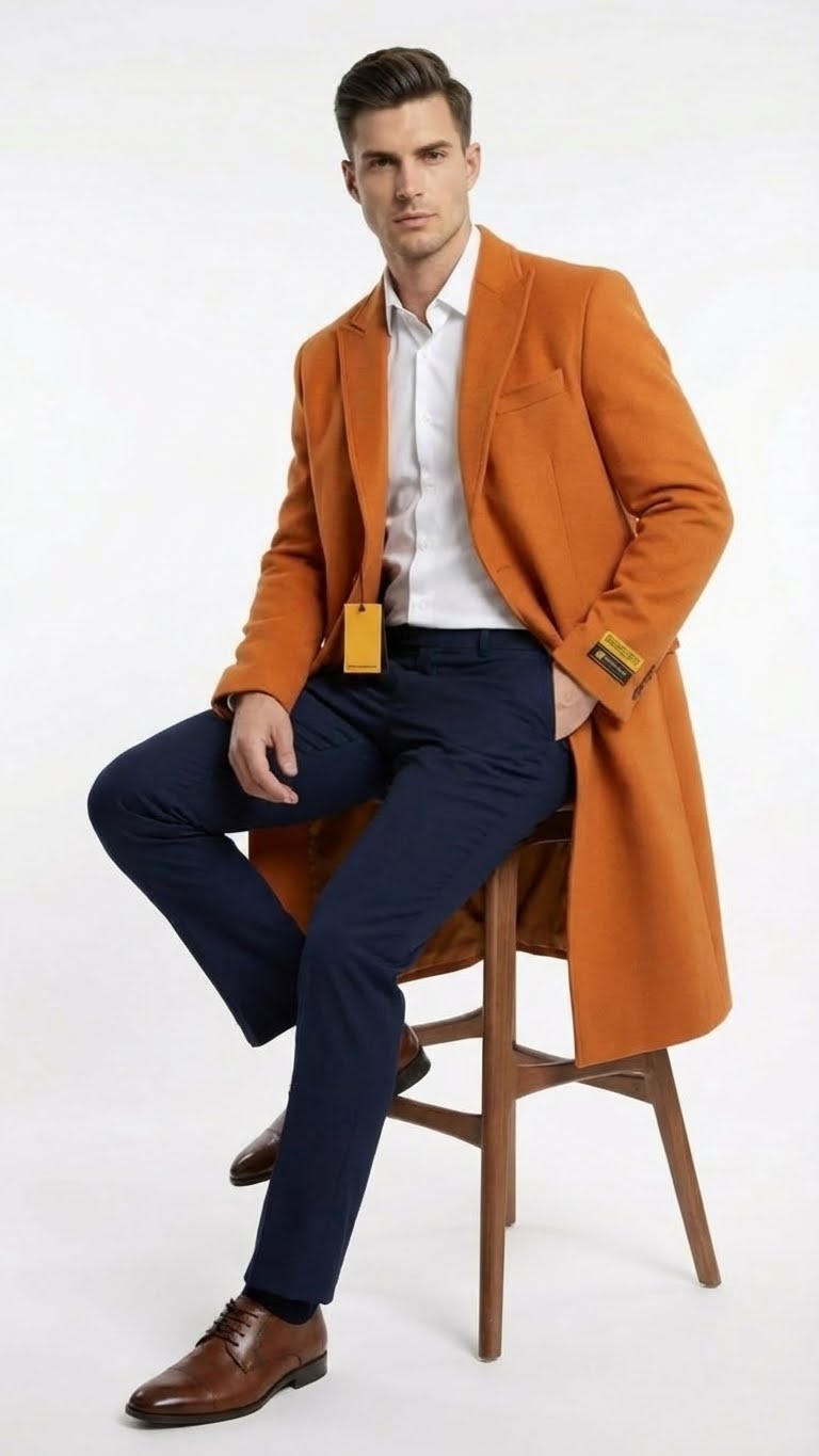 Men's orange rust wool blend overcoat. Tailored, single-breasted, notched lapels, thigh-length. Textured wool blend, vibrant color. Side pockets.