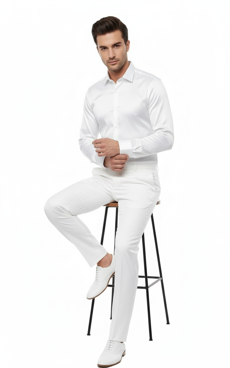 Men's white satin dress shirt. Classic long sleeve, standard collar, button closure. Smooth, elegant fabric. Perfect for formal occasions.