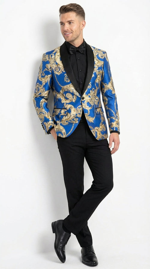 Men’s Royal Blue and Gold Blazer Jacket – Luxury Floral Pattern Tuxedo Blazer, Formal Party Wedding Dinner Jacket, Stylish Evening Wear