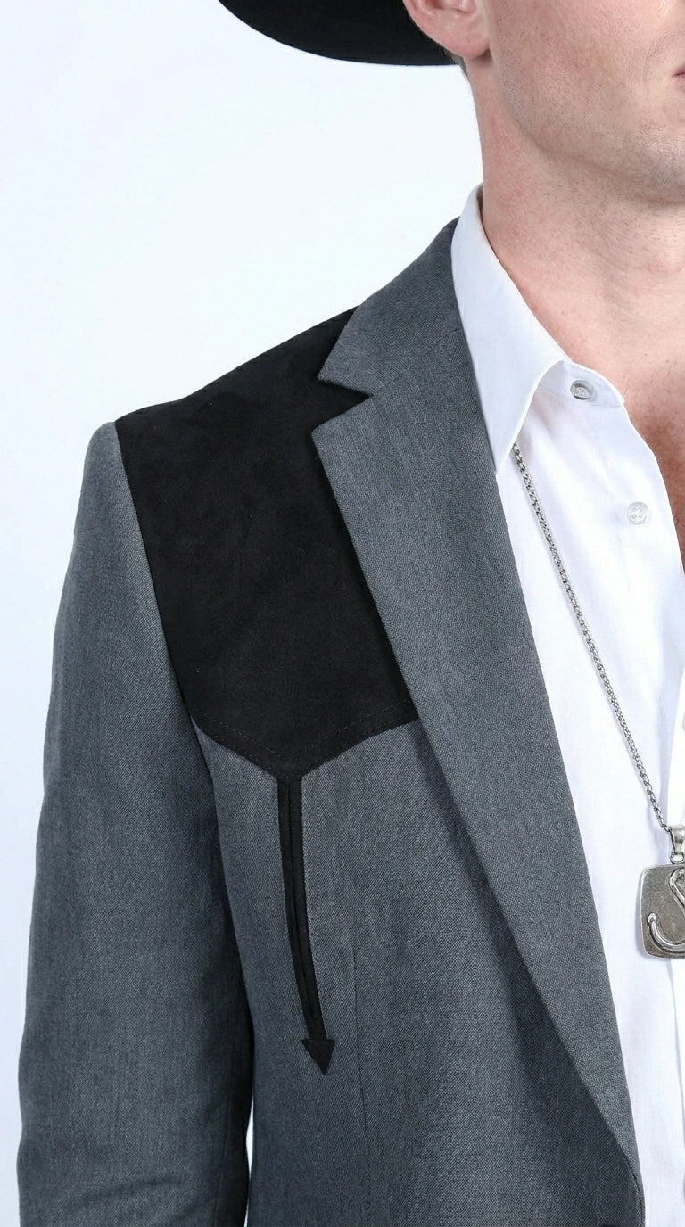 Men’s Dark Charcoal Western Blazer with Black Suede Yokes, Cowboy Sport Coat for Ranch Wedding and Country Events By Platini
