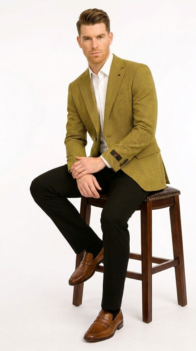 Men’s Mustard Gold Yellow Houndstooth Blazer Jacket, Check Pattern Formal Sport Coat for Weddings, Prom, Business 2 Buttons Modern Fit