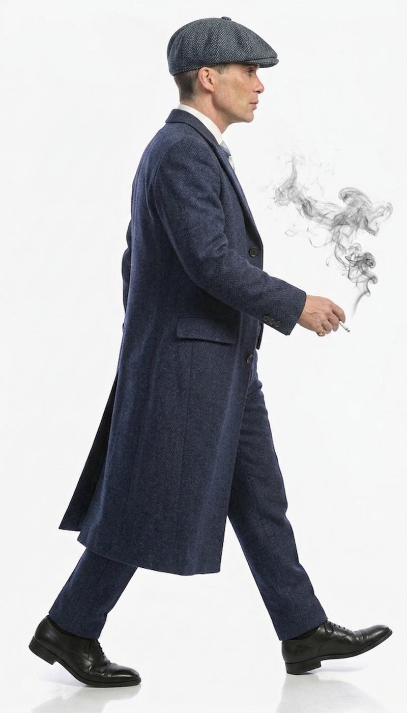 Men’s Navy Blue Herringbone Tweed 1920s 3 Piece Suit with Overcoat – Vintage Peaky Blinder Style Formal Suit Set with Blazer, Waistcoat + Overcoat + Hat