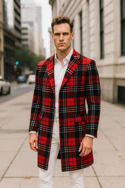 Red plaid wool overcoat for men. Classic tartan check in red, black, and white. Long coat, two pockets, single-button closure, and textured wool fabric.