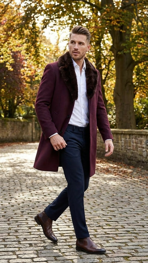 Burgundy men's coat with tailored shape, faux fur collar. Textured fabric, single-breasted with large buttons. Fitted sleeves for a structured look.