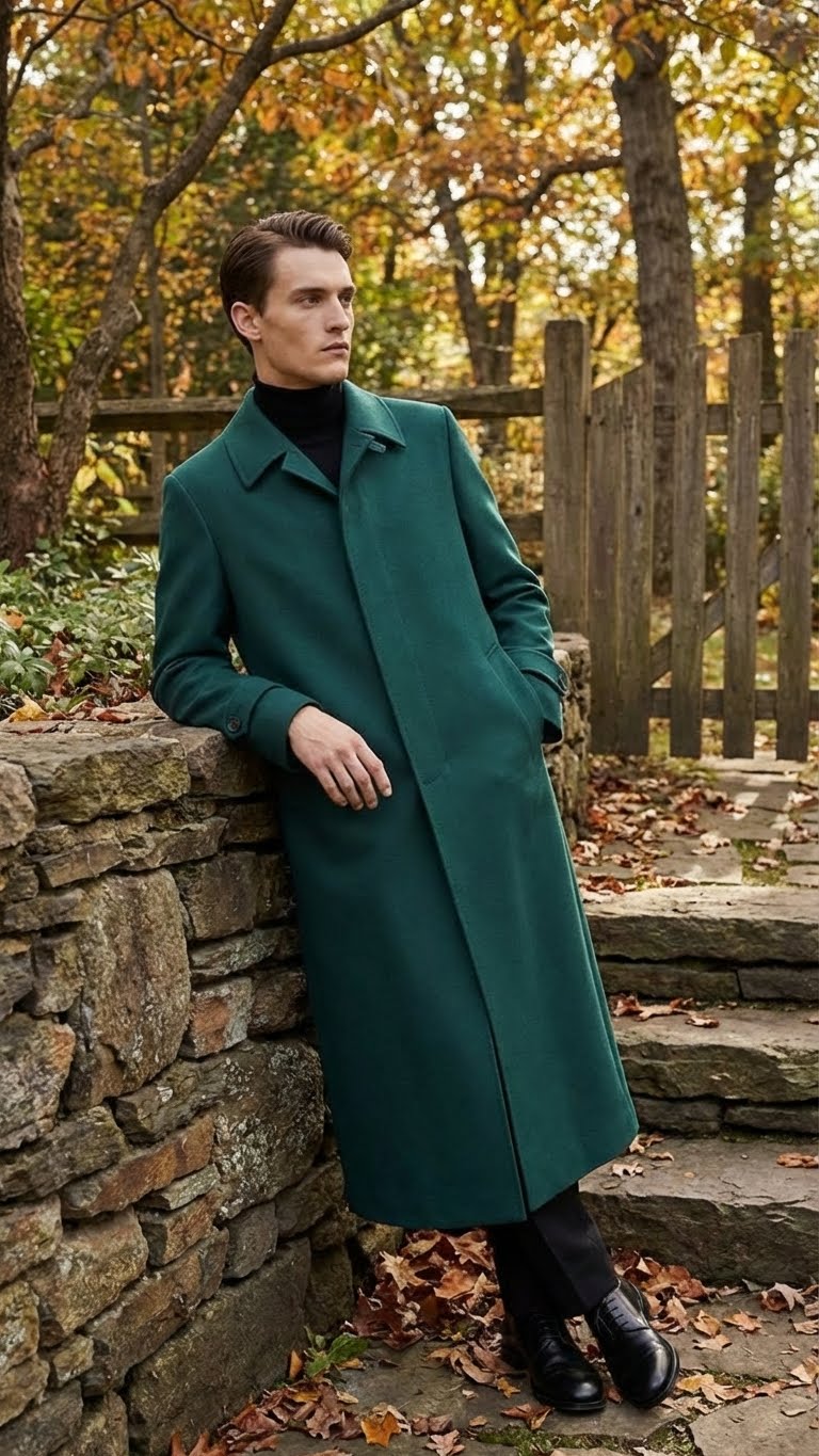 Alberto Nardoni men's green overcoat. Full-length, straight silhouette, fitted wool-like material. Classic collar, single front closure, cuffed long sleeves. No patterns, below-knee length.