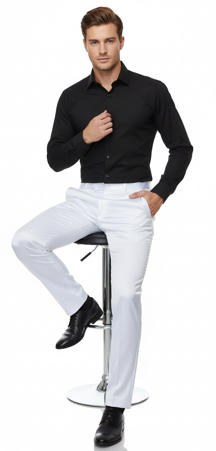 Men's white satin slim-fit dress pants. Straight leg, flat front, smooth satin. Tailored waist, side pockets. A sophisticated and elegant choice.