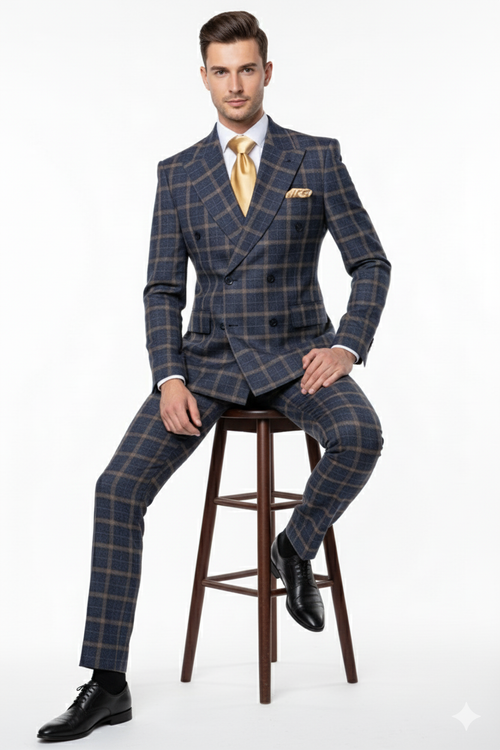Men’s Navy and Tan Windowpane Double-Breasted Suit | Classic 2-Piece Plaid Dress Suit, Business, and Formal Events By Rossiman