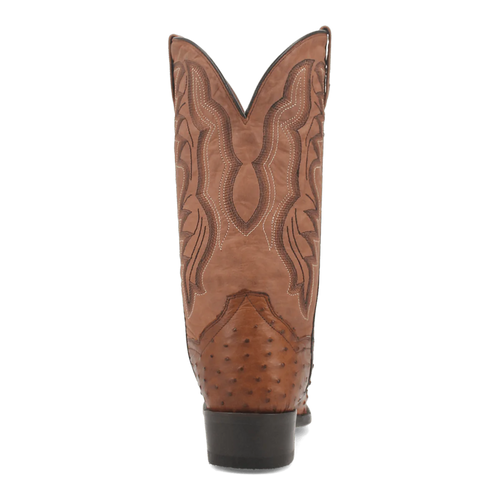 Dan Post Tempe boots: Saddle brown, full quill ostrich leather. Round toe, decorative shaft stitching, pointed topline. Textured quill detailing on the back, smooth leather above. Sturdy heel.