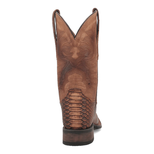 Dan Post men's Ka Python boots. Brown leather upper with textured python print. Square toe, tall shaft with pointed top, and sturdy heel. Intricate stitching.