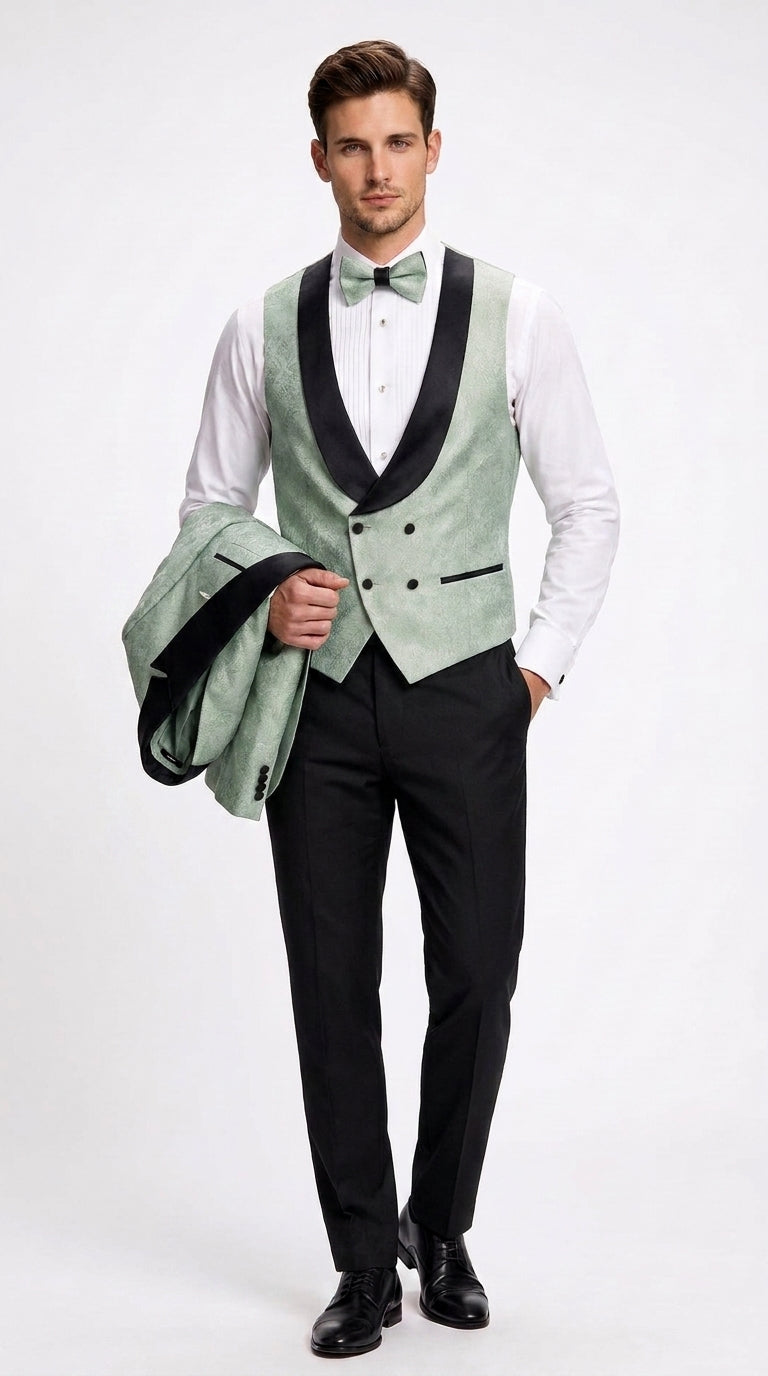 Men’s Sage Green Wedding Tuxedo with Black Shawl Lapel – 3 Piece Groom Prom Suit Mintish Color