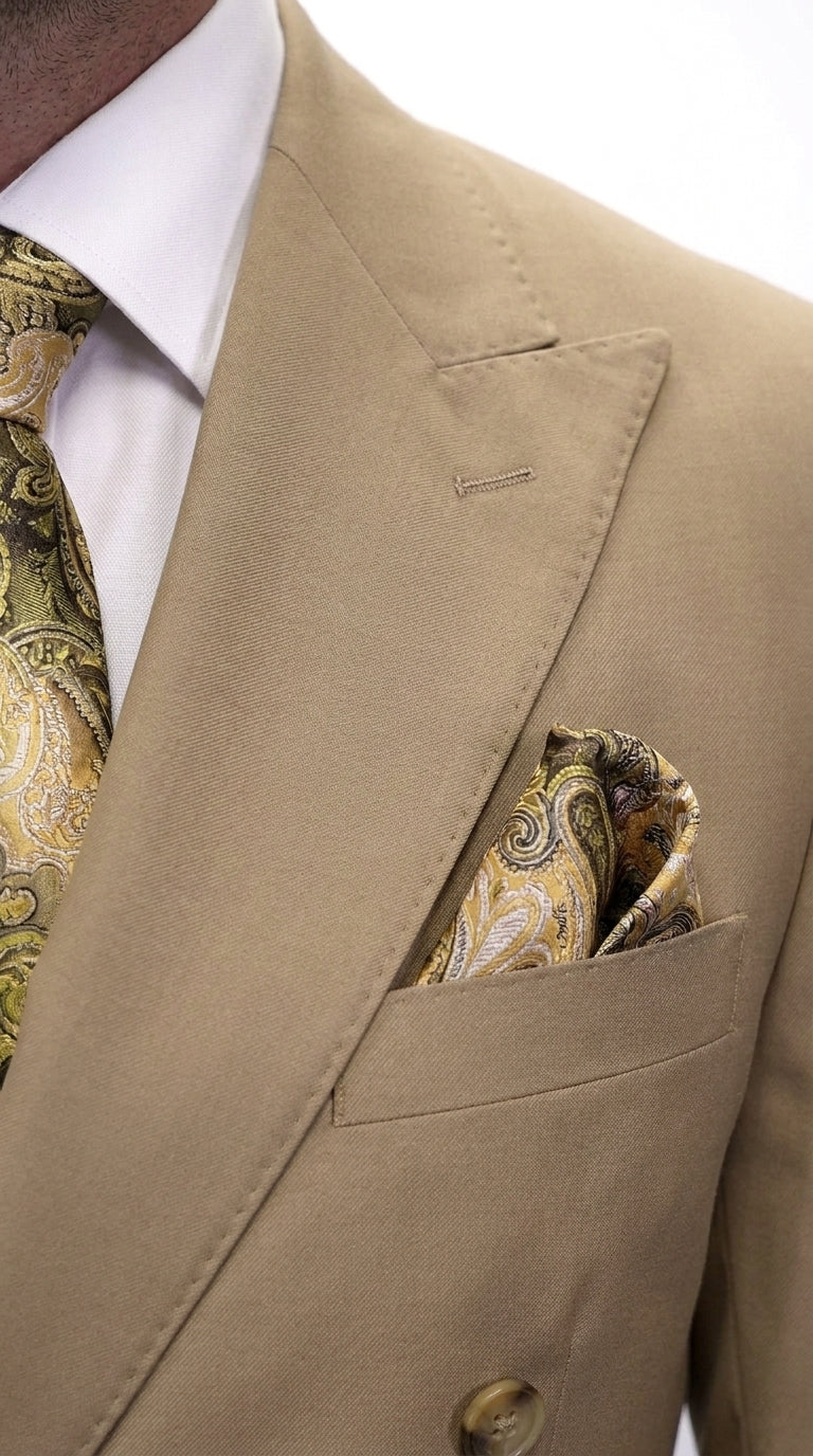 Men’s Statement Brand Caramel Khaki Double Breasted Wool Suit, Designer Formal Business Suit Set Wool Suit in Camel Color