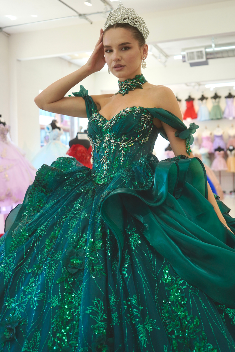 Off-Shoulder Sweetheart Beaded Corset Glitter Ball Gown QuinceaƱera Dress by Layla K LK313