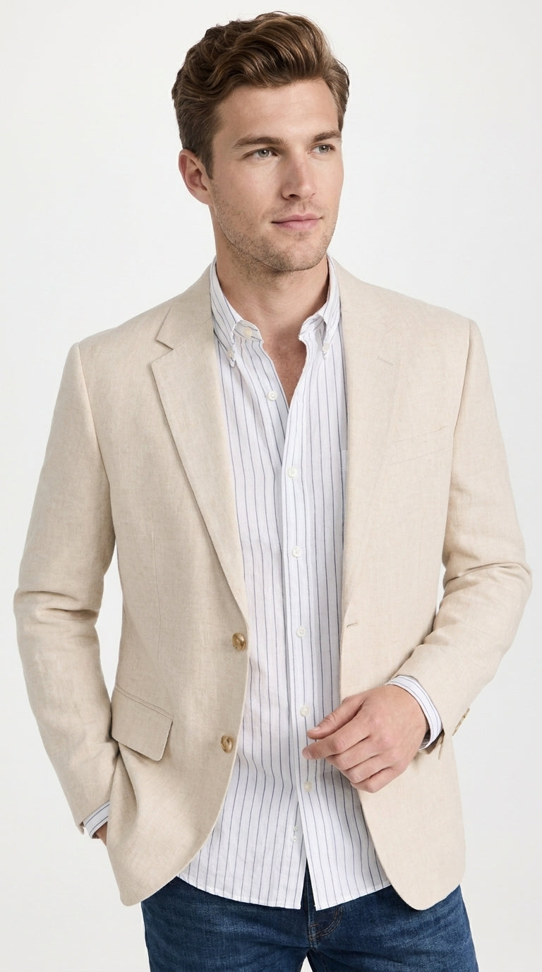 Men’s Light Tan Sport Coat – Classic Two-Button Casual Blazer for Business, Weddings & Smart Casual Wear Modern Fit Linen Fabric