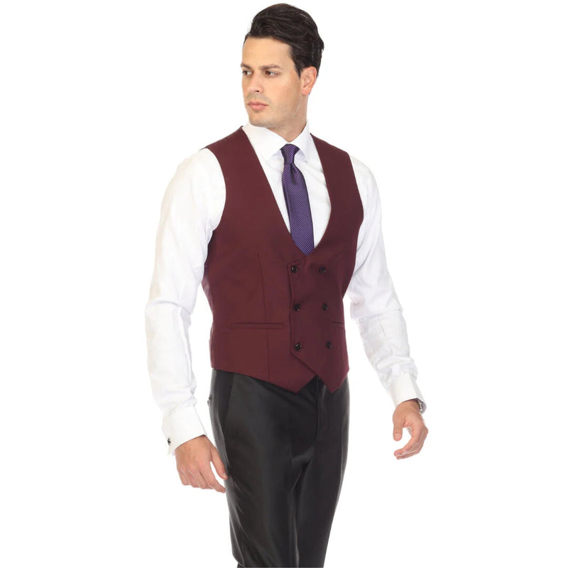 The men's double-breasted vest by Alberto Nardoni is burgundy in color, made from a smooth fabric. It features a fitted silhouette with a deep V-neckline and six black buttons at the front, two of which are visible in this view. There are two side pockets incorporated into the design.