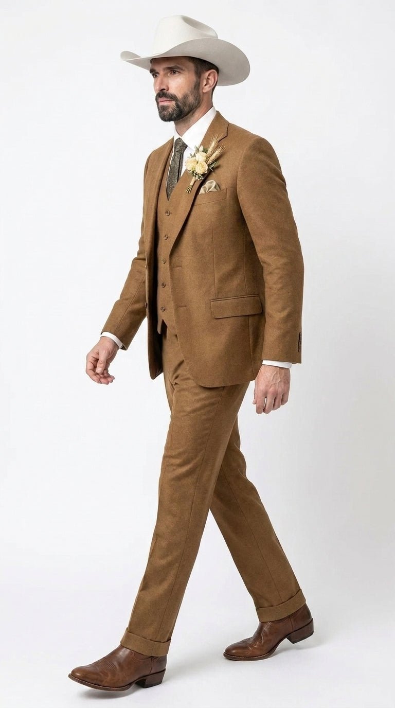 Men’s Tan Groom Outfit Country Wedding 3 Piece Suit Khaki Camel Color Modern Fit