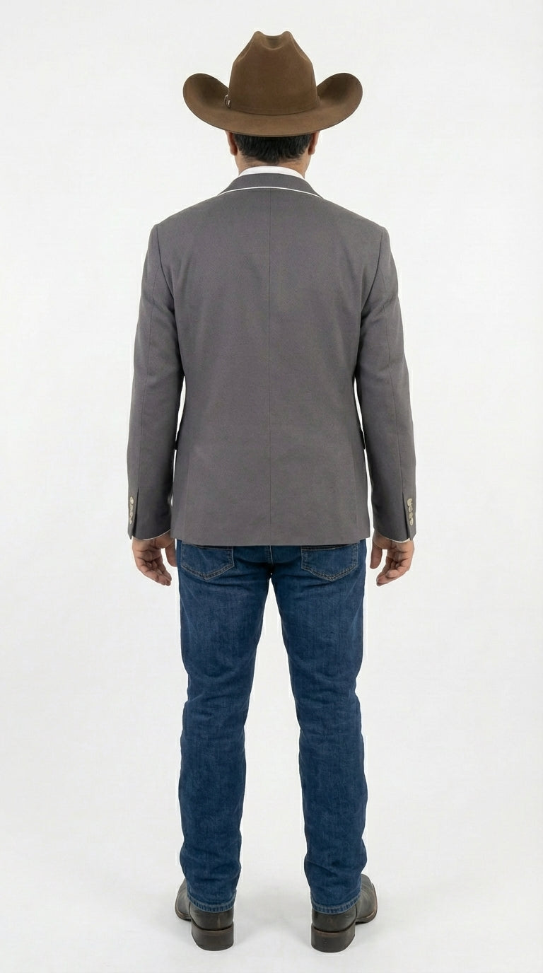 Mens Grey and White Trim Western Blazer – Classic Fit Cowboy Style Contrast Trim Dress Jacket