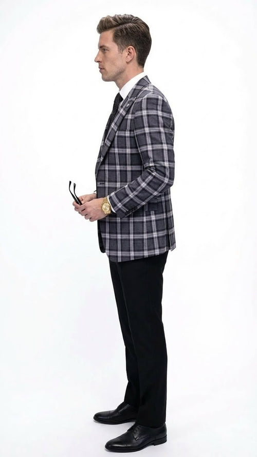 Men's big & tall charcoal/black plaid blazer. Structured, single-breasted design with notched lapels & 2 front pockets. Alternating dark/light plaid pattern. Fitted silhouette; no visible fastenings.