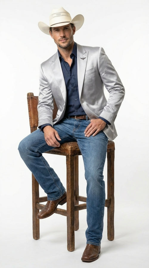 Mens Shiny Silver Cowboy Blazer – Western Style Satin Finish Blazer for Party, Country Events and Evening Wear