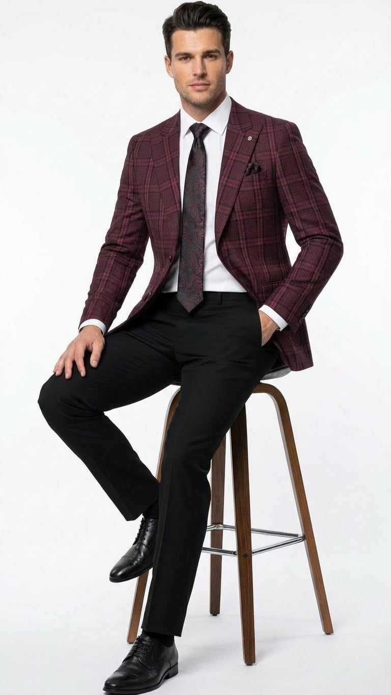 Alberto Nardoni men's burgundy check blazer. Fitted, single-breasted design with notched lapels and flap pockets. Features a check pattern in darker shades and a breast pocket square.