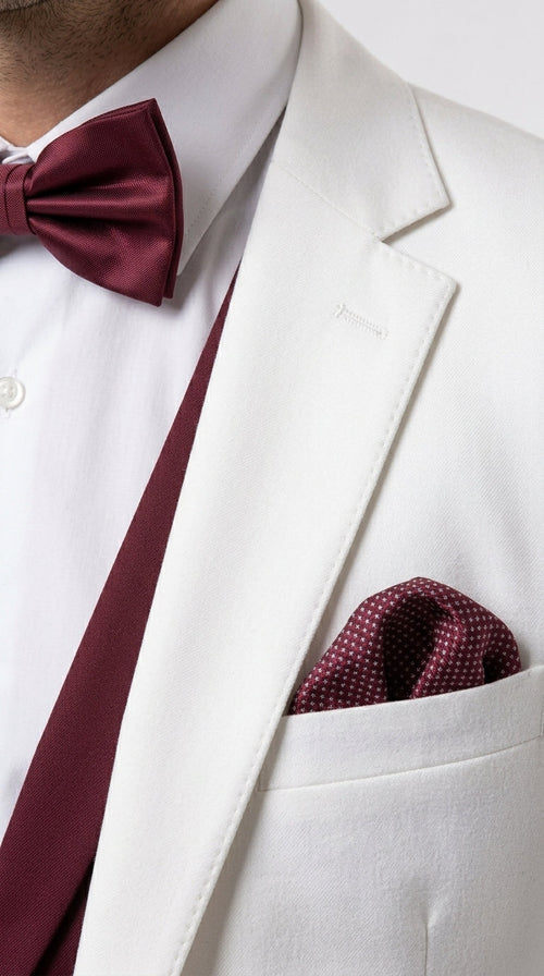Menās White and Burgundy 3 Piece Tuxedo Suit, Vested Formal Wedding Prom Dinner Suit Set bowtie included