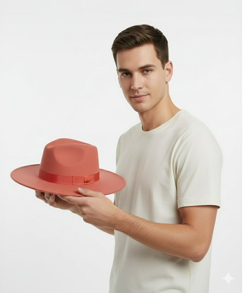 Men's coral pink wool felt fedora. Wide brim, smooth finish, and red ribbon band accent. Classic style.