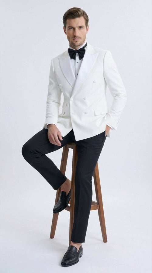 Men’s White Double Breasted Dinner Jacket Blazer with Black Pants – Formal Tuxedo Style Outfit for Weddings