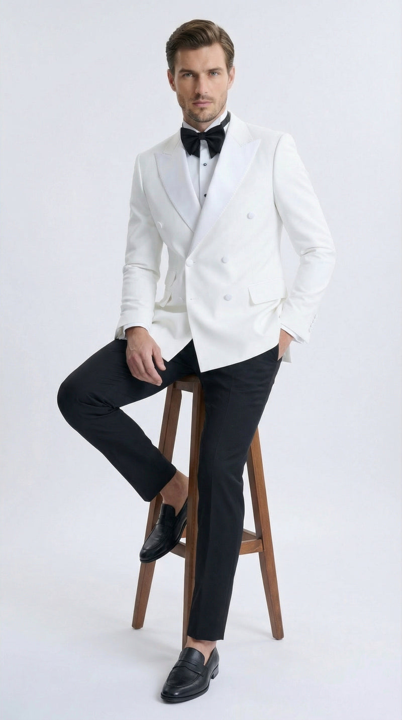 Mens White Double Breasted Dinner Jacket with Black Pants – Formal Tuxedo Set