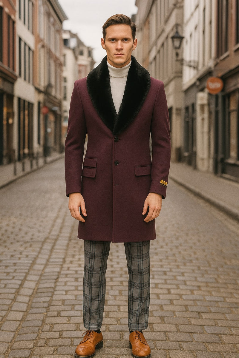 Men's purple wool overcoat with black faux fur collar, tailored fit, single-breasted, two pockets, and four buttons.
