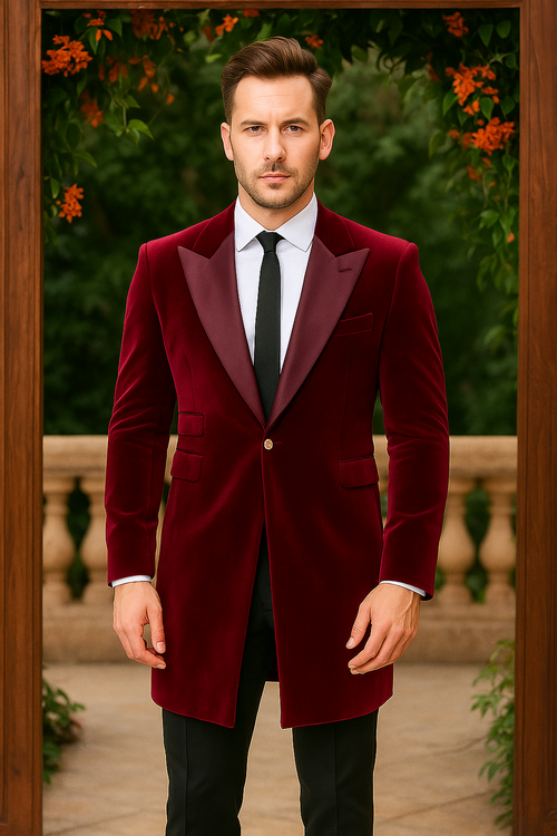 Men's burgundy velvet tuxedo with a long, tailored blazer. Features notched lapels, two pockets, and a single-button closure. Contemporary design for formal events.