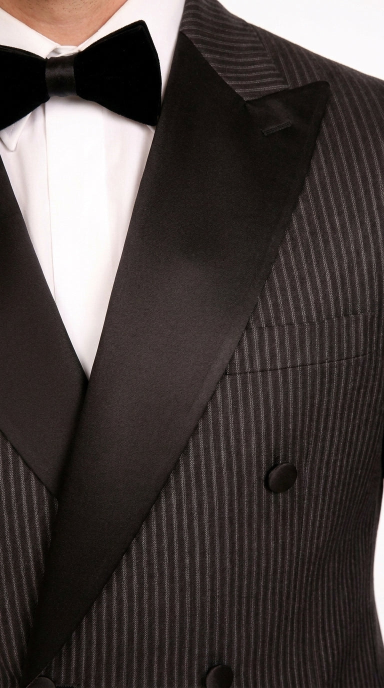 Men’s Black Shadow Pinstripe Double-Breasted Tuxedo Tone on Tone Formal Wedding Suit Modern Fit 1920s Style