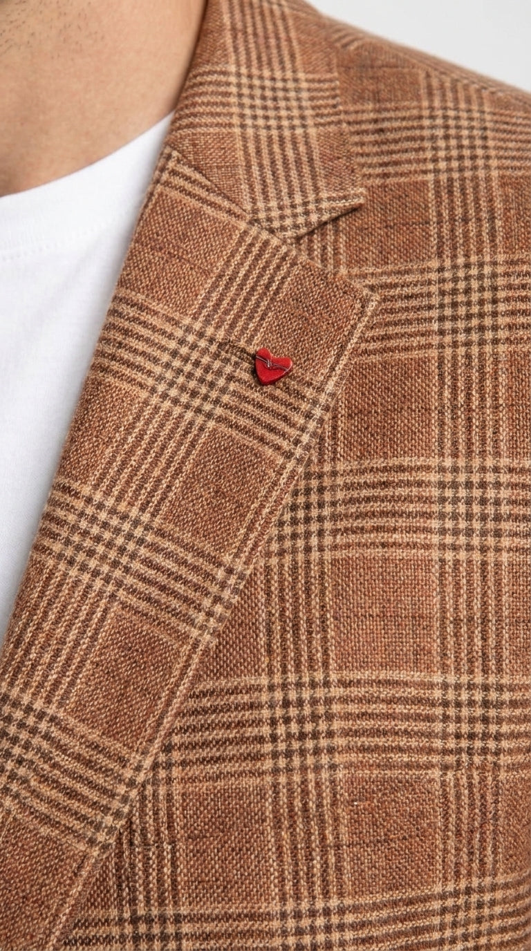 Vitali Men’s Rust Copper Brown Plaid Blazer with Tan Pants – Classic Windowpane, Business and Smart-Casual Birck color Suit