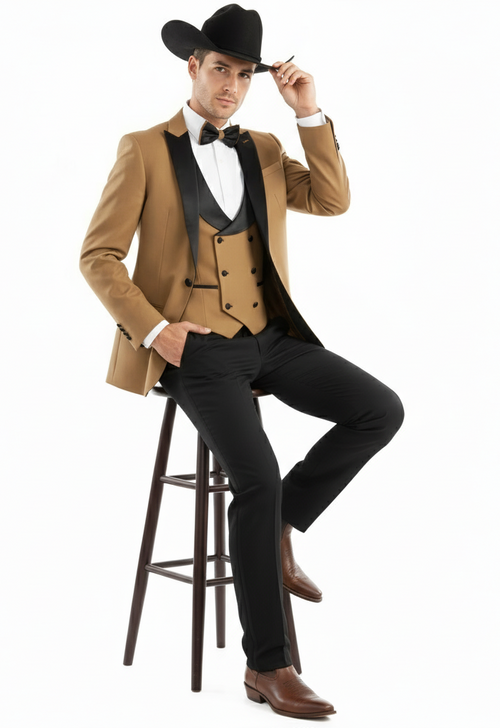 Tan western tuxedo: 3-piece suit with black satin lapel, mocca vest, and black trousers. Includes a bow tie for a classic cowboy look.