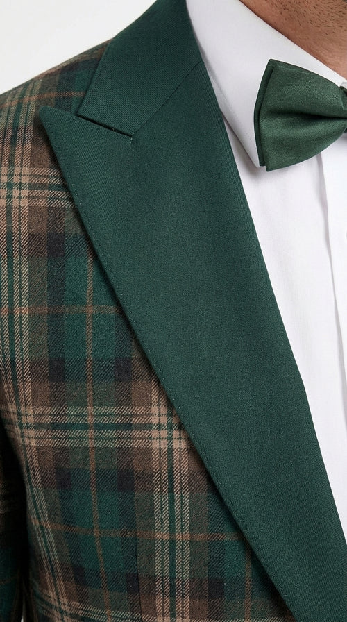 Mens Tartan Green and Brown Blue Plaid Tuxedo Dinner Jacket Set – Checkered Prom Blazer with Dark Green Pants Formal Wedding Party Wear