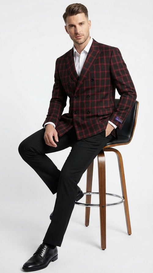 Men’s black and red check double-breasted blazer featuring a tailored fit with two rows of buttons and a notched lapel. The material appears to be a woven textile, showcasing a check pattern.