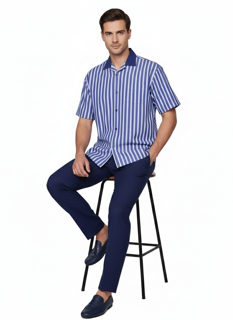 Men's blue & white striped short sleeve shirt with navy collar & pocket, paired with navy trousers. Casual summer design.