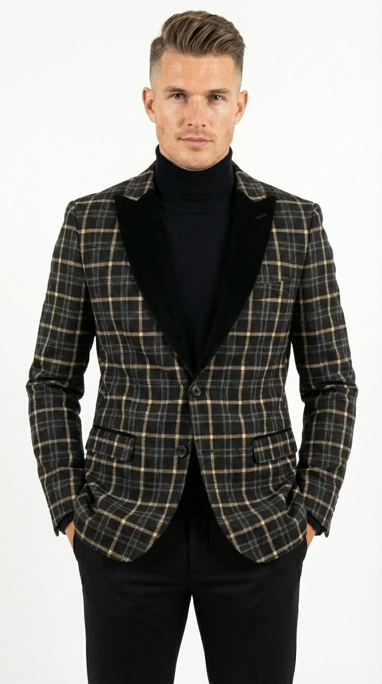 Mens Tartan Black and Gold Check Blazer – Windowpane Plaid Sport Coat Velvet Lapel Formal Party Jacket Chirsitmas New Year Holiday Jacket