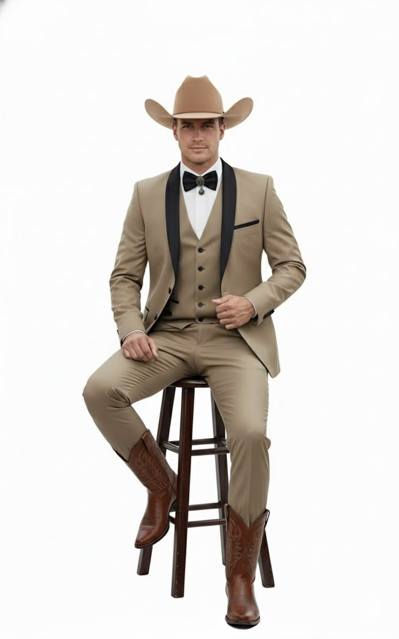 Tan tuxedo jacket (black lapels), beige vest, and pants. Model wears a tan cowboy hat and brown boots. Three-piece cowboy suit.