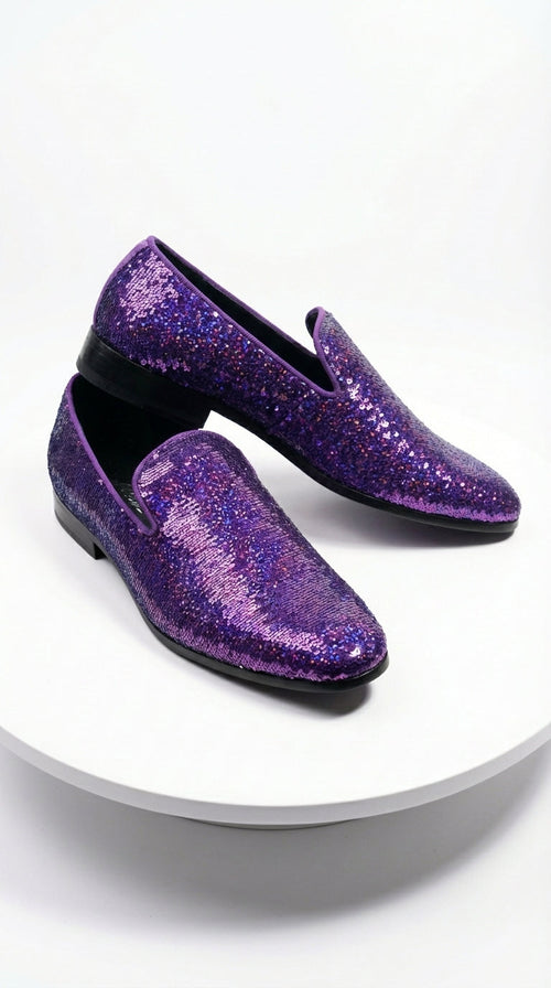 Mens Purple Sequin Dress Shoes Slip on – Luxury Slip On Formal Loafers Wedding Prom Party Designer Footwear