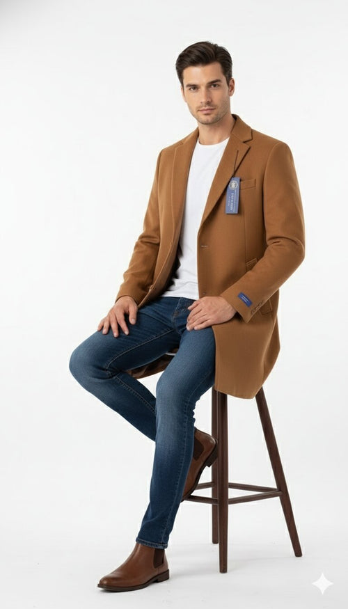 Men’s Camel Brown Wool Top Coat – Classic Long Overcoat for Formal and Casual Wear in rust copper