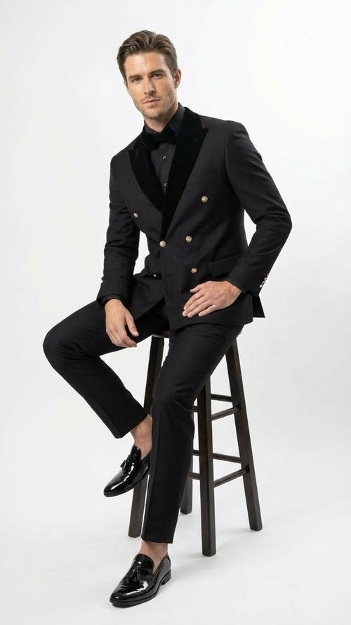 Alberto Nardoni men's black tuxedo suit: double-breasted with satin lapels and gold buttons. Features a tailored fit, textured fabric, and fitted black trousers for a classic formal look.