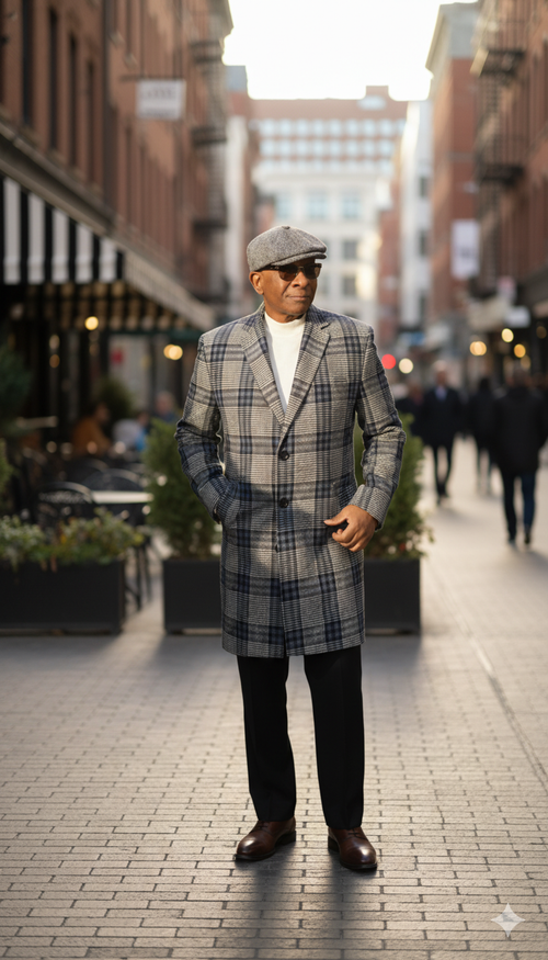 Overcoat - With Blue Plaid Pattern Coat - Wool Fabric Topcoat