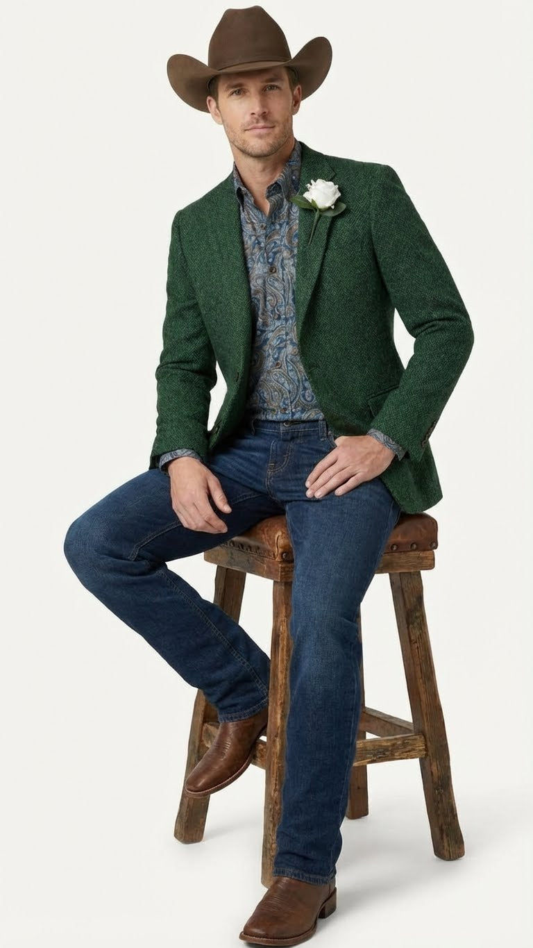 Mens Green Western Blazer Jacket – Classic Cowboy Style Sport Coat for Tweed Herringbone Country Look