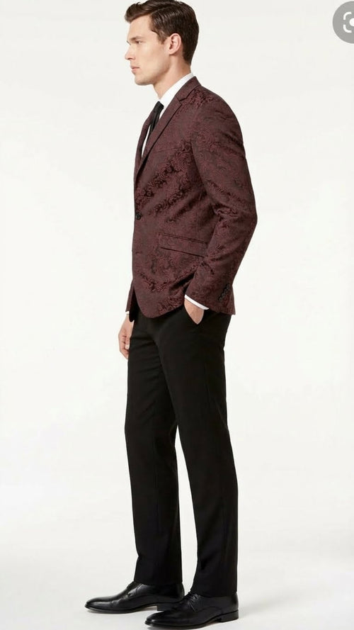 Men's burgundy paisley velvet blazer. Single-breasted design with floral pattern, notched lapels, and front pockets. A classic sport coat.