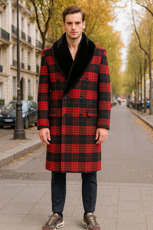 Men's red & black plaid wool overcoat. Double-breasted design, wide black faux fur shawl collar. Alternating check pattern with bold red and black hues.